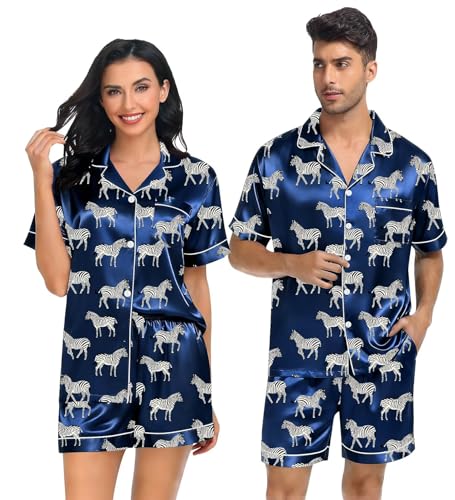 Image of SWOMOG Satin Matching Pajamas Sets Couple Silk Button Down Nightwear Women & Men Short Sleeve Sleepwear 2 Pieces Loungewear