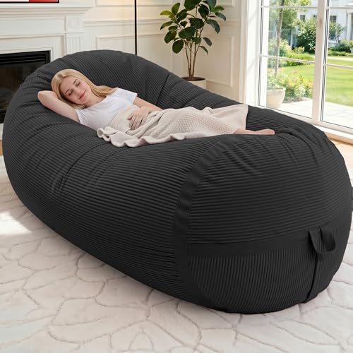 Image of 6FT Bean Bag Chair 6'Giant Bean Bag Chairs with Adults, Large Beanbag Chair | Bean bag Lounger with Machine Washable Cover Corduroy Fabric, Comfy Chairs for Living Room Bedroom Dorm, Black