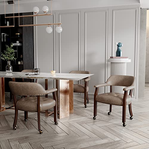 LEEMTORIG-Modern-Dining-Chair-with-Wheels-and-Arms-Office-Guest-Chairs-Reception-Chairs-Suede-Skin-Comfortable-Mid-Century-Poker-Table-Armchair-Wood-Chairs-Cherry-Yellowish-Brown-SY-1533-LT