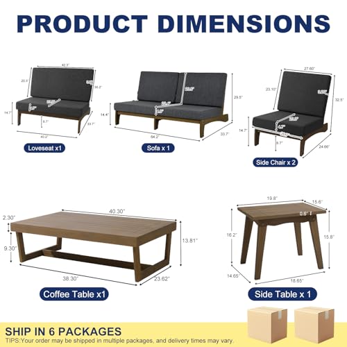 Image of Pia Ricoo 6-Piece Patio Furniture Set, Outdoor Sectional Sofa with Loveseat, 2 Chairs, Coffee Table & Side Table, All-Weather Conversation Set for Backyard /Deck /Lawn - Dark Gray