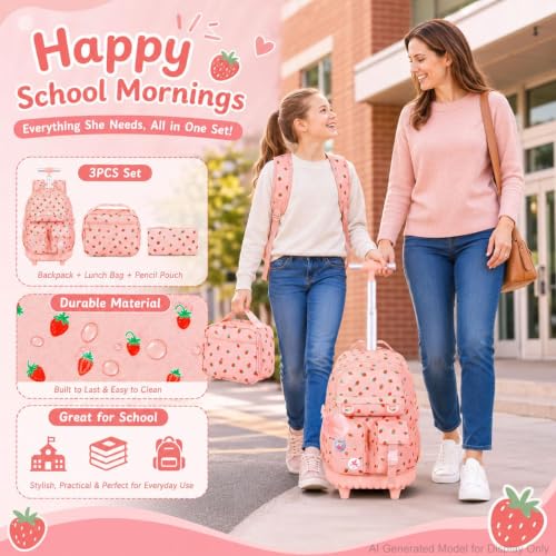 Image of CCJPX Rolling Backpack for Girls, 3Pcs Roller Wheeled School Bookbag, Strawberryra Wheels Backpacks with Lunch Box for Kids (Pink)