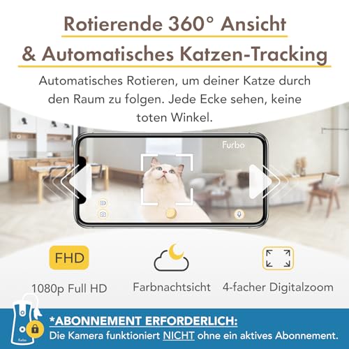 Furbo 360° Katzenkamera mit Heimsicherheits-Paket [Premium MIT ABO]: Intelligente Kamera mit App für Katze & Heim, Rotierende 360° Sicht, Farbnachtsicht, Tracking, Leckerliwurf, Miauen-Alarm UVM.