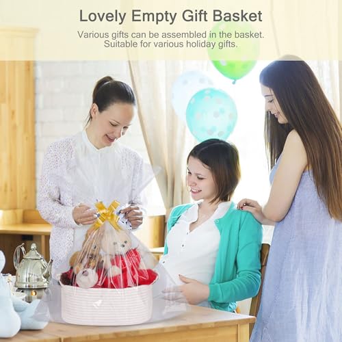 Image of Small Empty Gift Basket with Bag & Ribbons, White | 12 inchx8 inchx5 inch, Cotton Rope Woven Basket for Birthdays, Baby Showers, Mother's Day, Christmas; Stores Small Items, Kids & Pet Toys