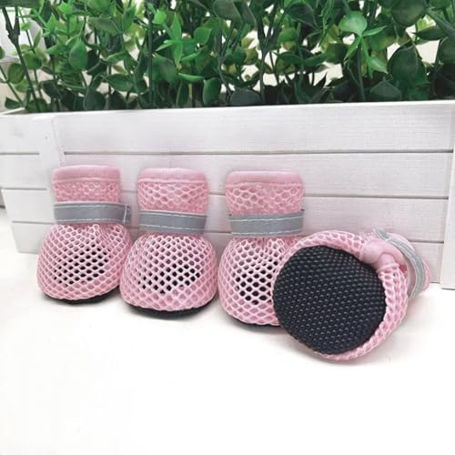 Sommer Mesh Hunde Schuhe, 4 Stück Atmungsaktive Pfotenschutz Hundeschuhe Anti-Rutsch Hundeschuhe für heiße Sommerböden, Sommer Verstellbarem Hundestiefel fürkleine Hunde (Rosa, XL)
