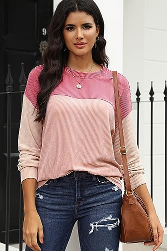 Image of Dokotoo Womens Tops Fashion 2026 Color Block Long Sleeve Shirts for Women Crewneck Knitted Casual Loose Blouses