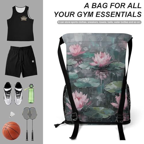 Drawstring Gym Backpack with Shoe Compartment And Wet Pocket, 28L Lightweight Waterproof Peach Water Lily Painting Sports Backpack for Workout Swim Beach Travel String Bag for Men Women3