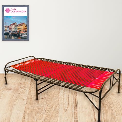 Image of Casa Copenhagen, Portable Single Folding Bed Heavy Duty Metal Cot Khat for Sleeping Bed Space Saving Design Sturdy Synthetic Niwar feet - Red & Charcoal Black