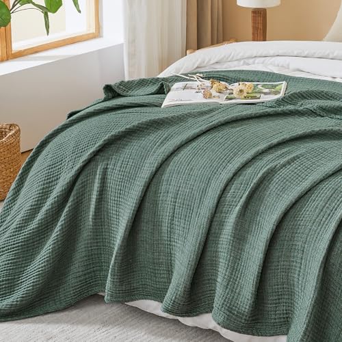 EMME Cotton Muslin Queen Blanket Bed Layering Bedspread Coverlet Breathable Gauze Soft Lightweight Blankets (Heather Forest Green, 90"x90")