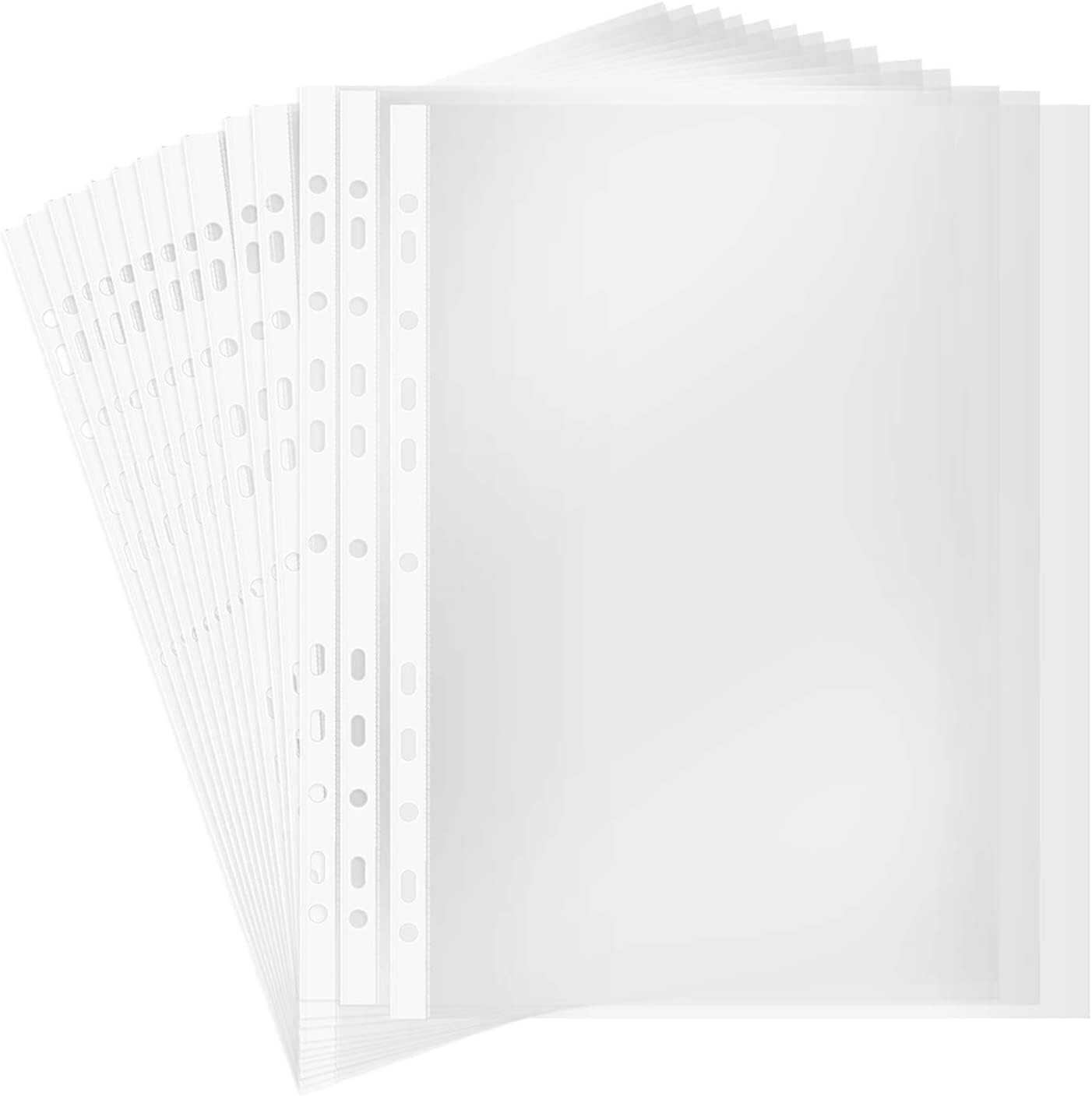HUA JIE A4 Clear Sheet Protectors (100pcs) A4 Poly Punched Pockets for Ring Binders, Reinforced 11-Hole, Top Loading Page Paper Protector File Pockets Sleeves for Documents Photos (4C / 0.04mm)