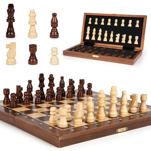 SUMFGO Magnetic Travel Chess Set Folding 17-Inch Wooden Magnetic Chess Board with 2 Extra Queens