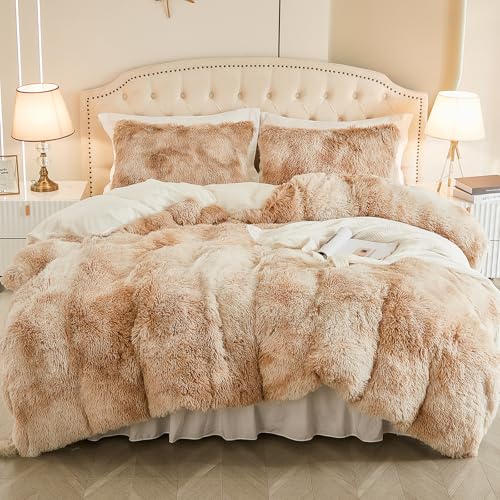 EMME Plüsch Bettwäsche Set 220x240cm Biber Flauschige Bettdecke Set für Bett Shaggy und Plüsch weiche Bettwäsche Bettbezüge und 2 Kissenbezug 80x80cm, Tie Dye Braun