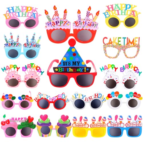 16 Pairs Happy Birthday Sunglasses Funny Photo Props Sunglasses Happy Birthday Party Novelty Sunglasses Sweet Cream Cake Glasses for Kids Adults Birthday Party Favors