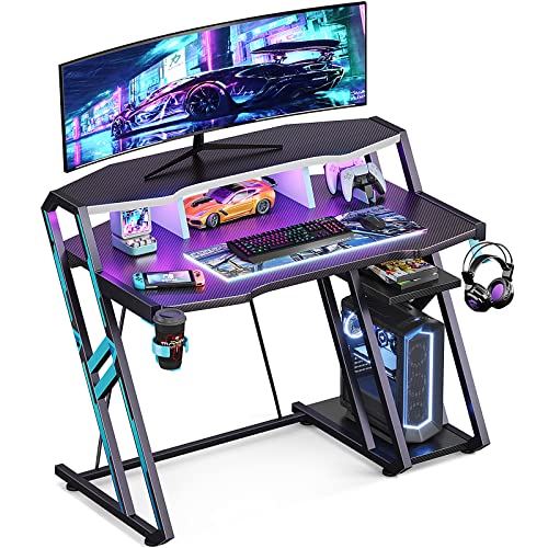 MOTPK FullSized Monitor Shelf Gaming Desk with LED Lights 39 Inch