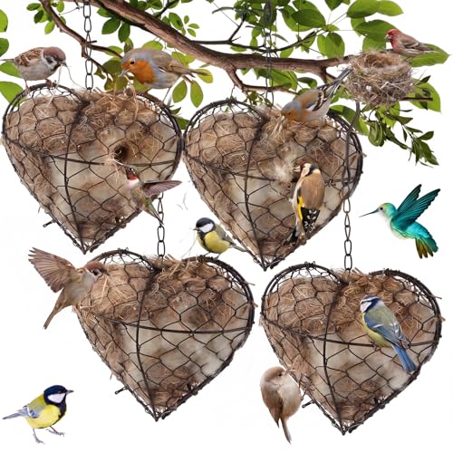 Image of Menkxi 4 Pcs Bird Nesting Material, Hummingbird Nest, Natural Nesting Fiber Cotton, Refillable Nestings Accessories for Wild Bird, Enjoy Birds Gardening Outside, Garden Decoration Gifts (Heart Shaped)