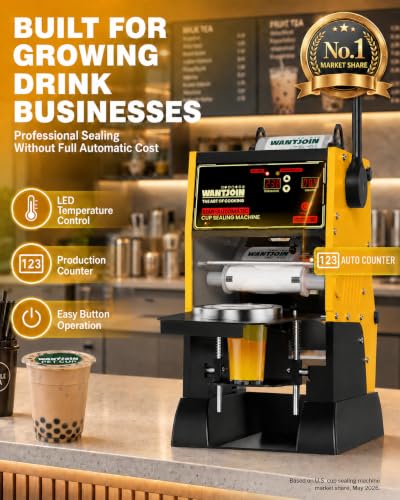 Image of WantJoin Cup Sealing Machine, Semi Automatic Commercial Boba Cup Sealer | Auto film alignment, 2 second sealing, LED temperature control, Fits 90 mm & 95 mm cups Bubble for Tea Coffee Smoothies