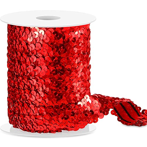 11 Yard 1 Inch Elastic Sequins Trim 3 Row Flat Glitter Sequin Trim Bling Fabric Paillette Ribbon Trim Metallic Stretch Sequin Trim Crafts Elastic Sequin Lace for Dress Embellish Headband (Red)