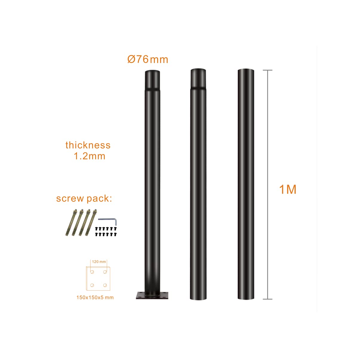 Jandei - Poste para Farola de 3 Metros en Tramos de 1 m – Acero Galvanizado Negro con Base de Anclaje, Resistente a la Intemperie, Ideal para Jardines, Calles y Parques. Tornillos Incluidos
