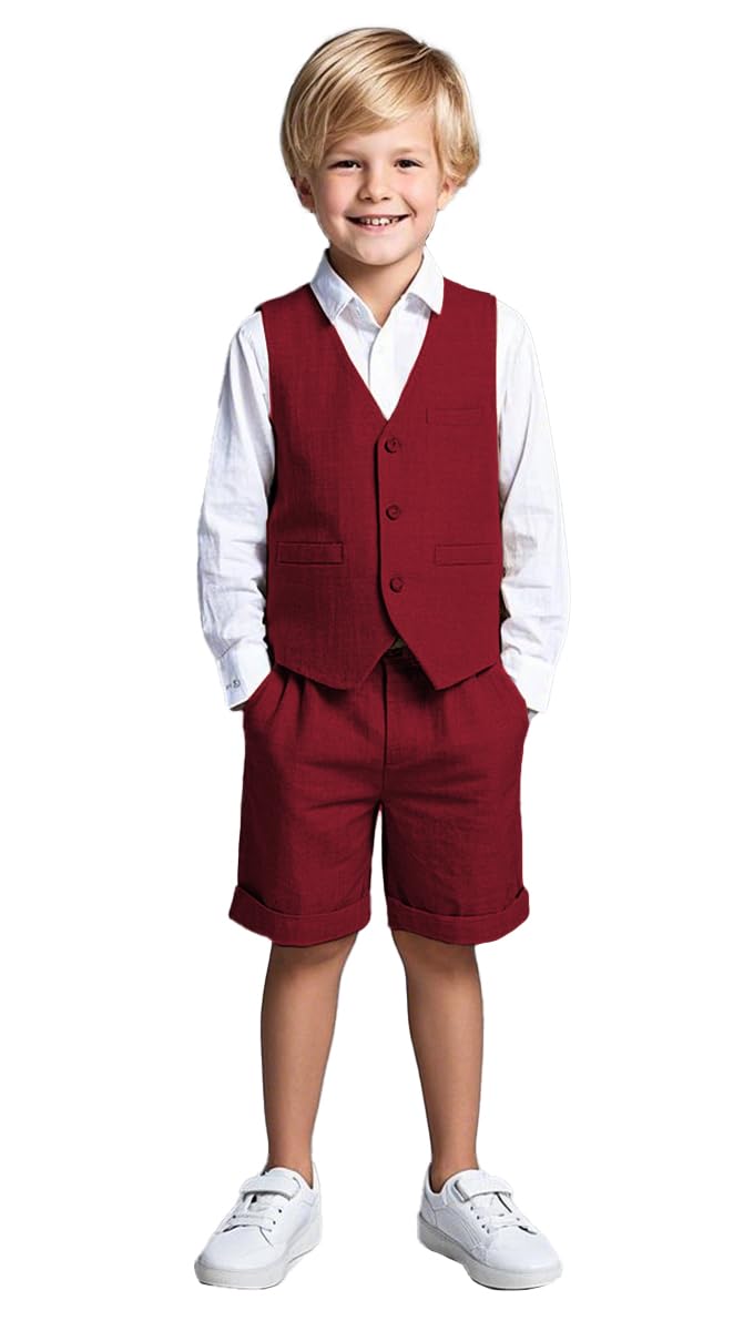 Traje de lino de 2 piezas para niños, chaleco y pantalones cortos, traje de verano para la playa, granate, 12 años