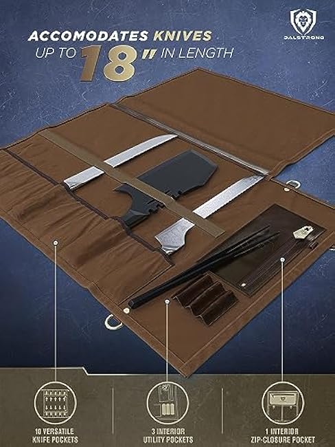 Dalstrong Nomad Knife Wrap Roll - 12oz Waxed Canvas Top Grain Leather Knife Roll Bag- 13 Slots - Interior & Rear Zipper Pockets - Travel Storage with Blade