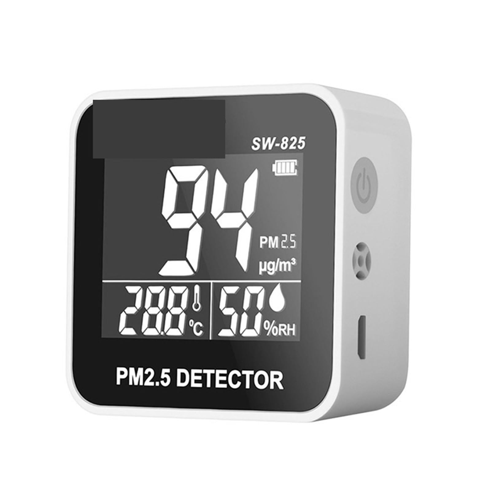 KGKGK SW-825 display showing PM2.5, temperature, and humidity readings