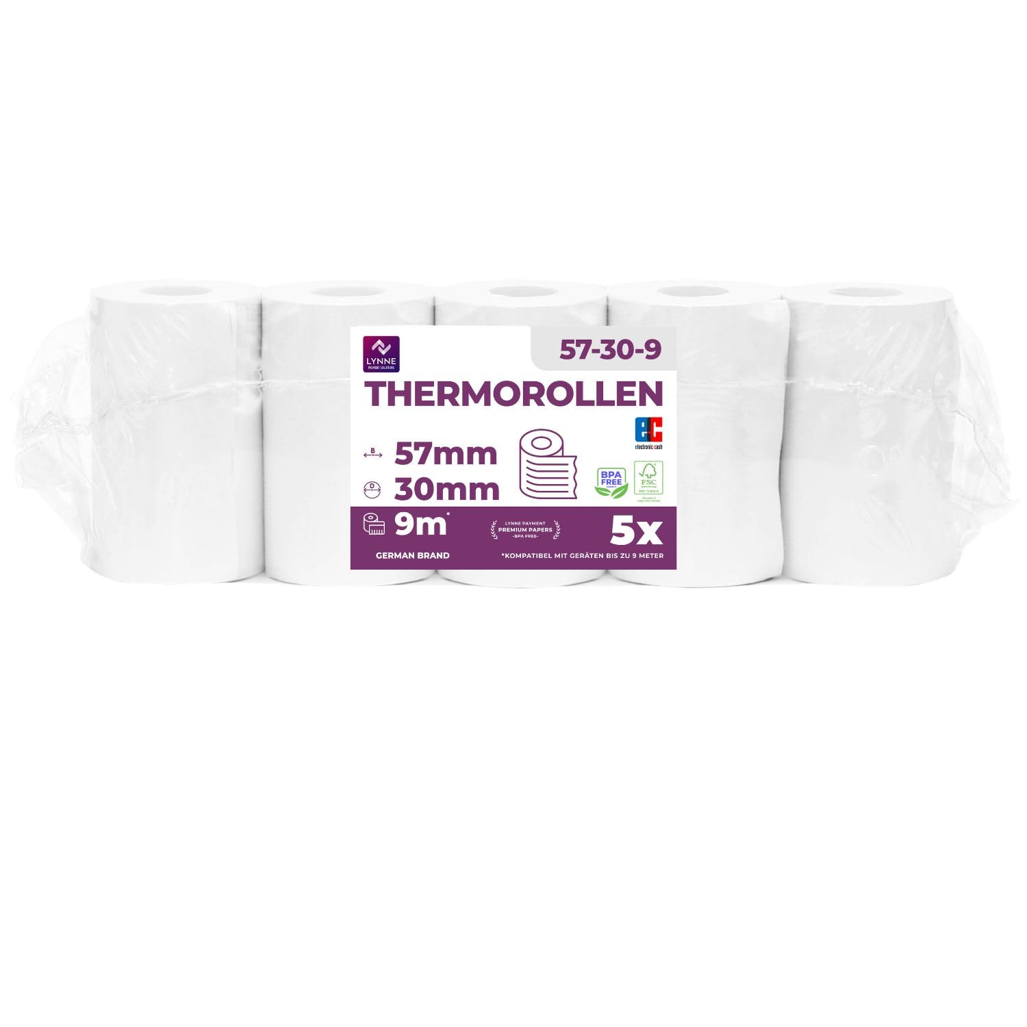 50 Stück EC-Cash Thermorollen 57x30mm / 12 – 9m Länge, Mit Lastschrifttext, Made In Germany