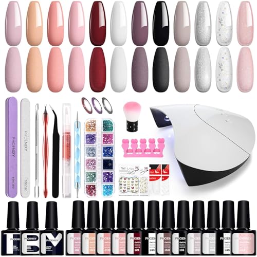 Kit Vernis Semi Permanent Phoenixy 12 Couleurs 8 ML Vernis Semi Permanent et 36W lampe UV Base et Matt Top Coat Kit Ongle Gel UV Complet pour Débutants
