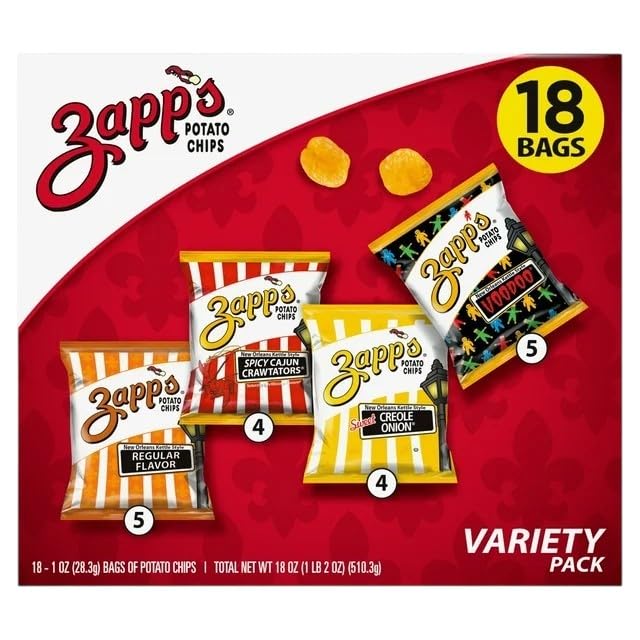 Zapp’s Kettle Chips Variety Pack – 18ct Single Serve Snack Bags – Voodoo, Regular, Cajun, Creole Onion – Kettle Cooked Potato Chips, Lunch Snacks, Snack Pack, Bold Flavors, Crunchy, Gluten Free