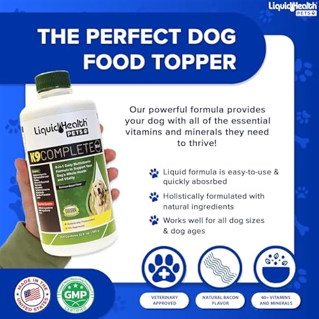 LIQUIDHEALTH Pets K9 Complete 8-in-1 Liquid Multivitamin for Adult Senior Dogs & Puppies, All in One Complete Formula Canine Vitamins for Skin & Coat, Joint Health, Immune Support - USA Made (32 oz)-iz0anRb0