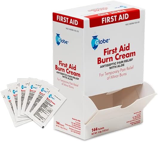 Globe First Aid Burn Cream 0.9g Packets, (Box of 144) Advanced First Aid Cream for Temporary Relief of Minor Burns, Cuts, and Scrapes