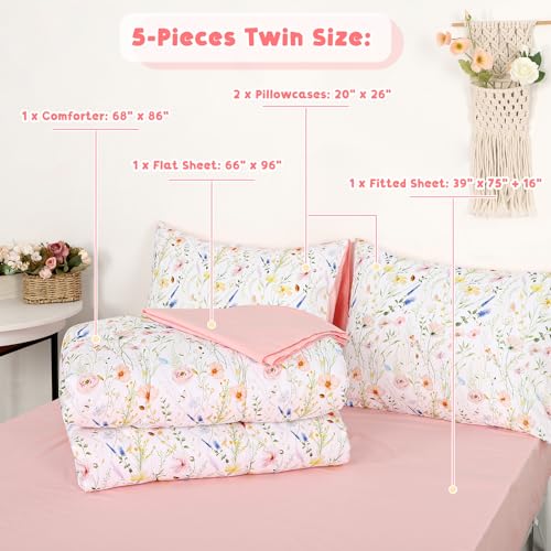 Image of Twin Bedding Sets for Girls, 5 Piece Pink Boho Kids Comforter Set, Soft Microfiber Twin Bed in A Bag Includes Comforter, Flat Sheet, Fitted Sheet, 2 Pillowcase (Wildflower)