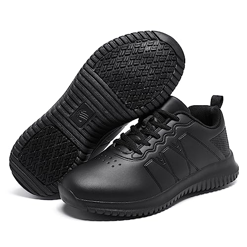 ENLEN&BENNA Non Slip Shoes for Women Food Service, Kitchen Chef Oil-Proof Slip Resistant Work Shoes Waterproof Comfort Lightweight Sneakers with Lace Up Black2