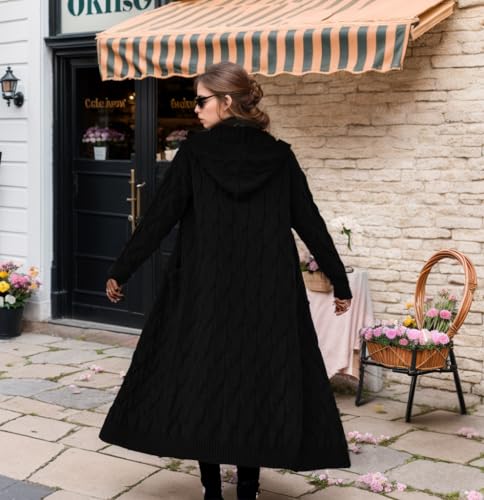 Lightweight Hooded Open Front Cardigan for Women Cable Knit Sweaters Pocketed Oversized Knee Length Long Coats Black4