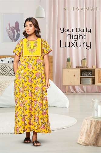 Image of NIHSAMAH Cotton Nighty for Women - Printed Stylish Night Gown, Comfortable Sleepwear Long Nightwear, Maxi