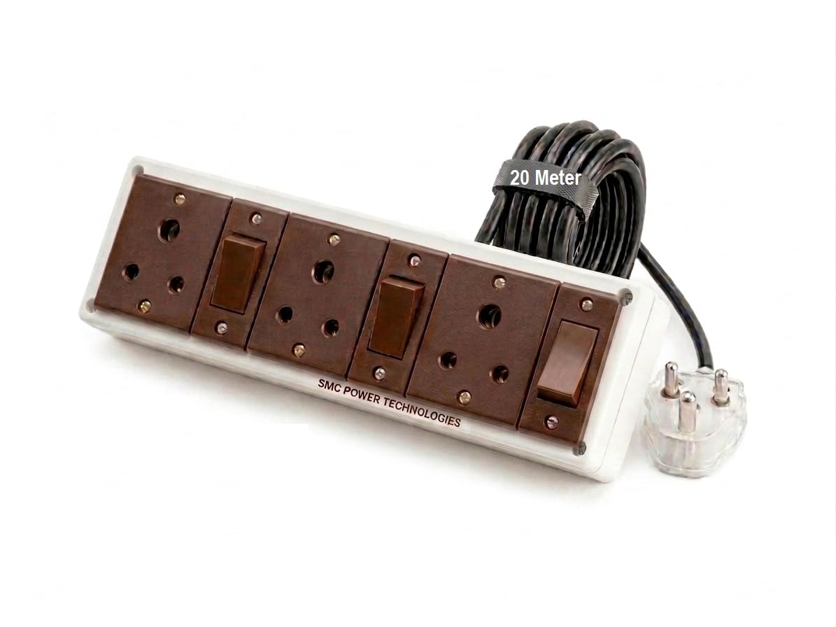 SMC Power Heavy-Duty 6A Non-Modular Extension Board | 3-Pin Three Socket with Switch Set | White PVC Box | Input 3-Pin Plug with 3-Core 1.0 sq mm High Current Pure Copper Cable (Brown, 20 Meter)-image-25