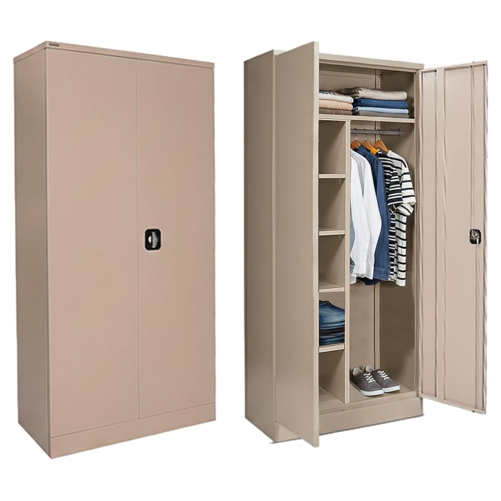 RIGID Steel Home Cupboard with Hanging Rod & Adjustable Shelves | Storage Wardrobe with Flush Key Lock | Durable Metal Almirah for Bedroom, Office & Home Use, (Beige, 45D x 90W x 183H) - Assembled