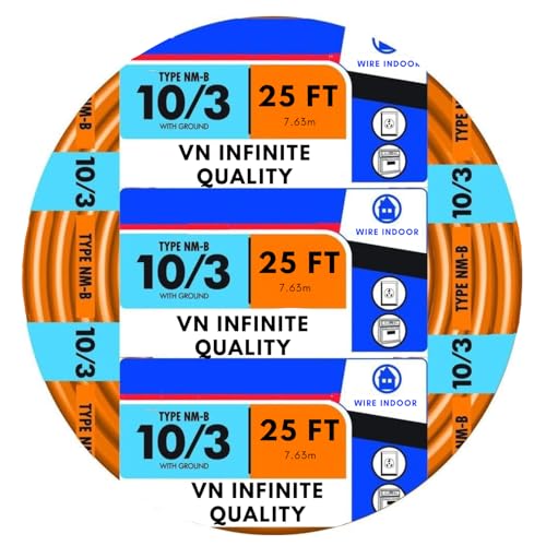 VN Infinite quality 10/3 NM-B Sheathed Cable - Non-Mettalic with Ground Residential Indoor Electrical Wire Type NM-B Orange (25 Ft)