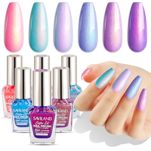SAVILAND 6 Teiliges Ombre Nagellack Set: Zauberhaftes Pink Blau Gold Lila Ombre Sommer Fingernagellack Farben Lufttrocknender Nagellack auf pflanzlicher Basis mit Rizinusöl Natürliches Nail Polish Set