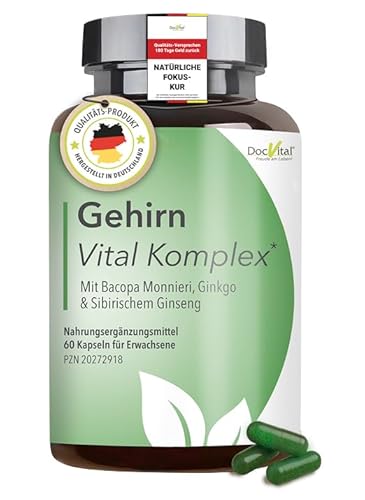 DocVital® Ginkgo Biloba & Ginseng hochdosiert - 60 Kapseln - Focus & Konzentration Kapseln mit Bacopa (Brahmi) - Gehirn Vital Komplex - Brain Booster, Gedächtnis & Gehirnleistung