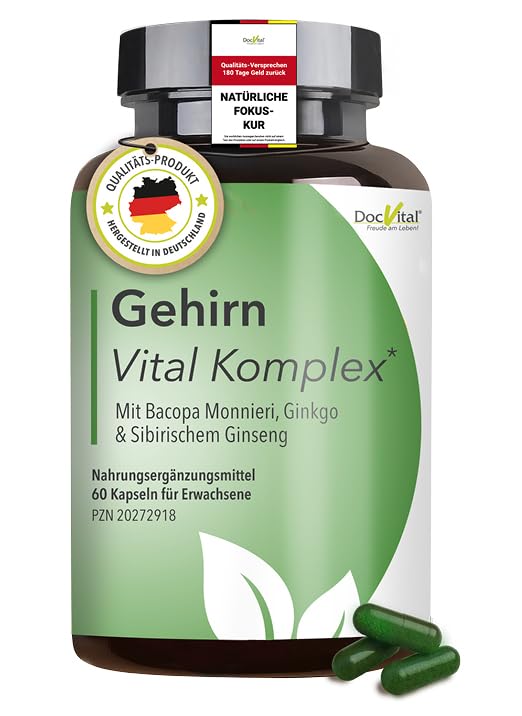 DocVital Ginkgo Biloba & Ginseng hochdosiert - 60 Kapseln - Focus & Konzentration Kapseln mit Bacopa (Brahmi) - Gehirn Vital Komplex - Brain Booster Gedächtnis & Gehirnleistung