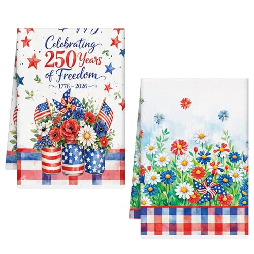 VISSTREE 4th of July Kitchen Towels Set of 2 Absorbent 250th Anniversary Patriotic Hand Towel American Floral Dish Towels for Independence Memorial Day Holiday Home Decoration Gifts 16x24 Inch