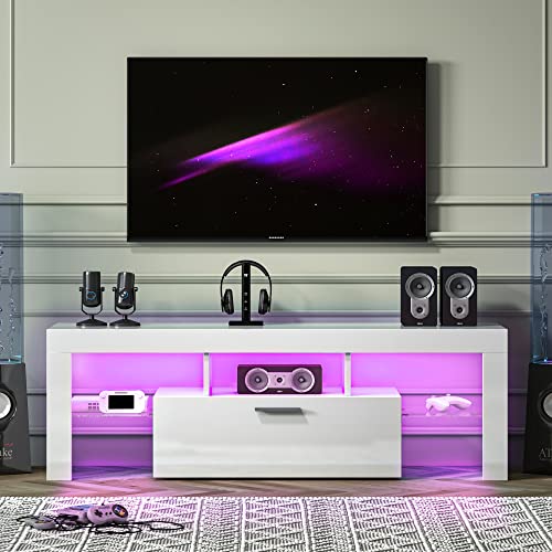 Entrintou Modern Led Tv Stand For 55 Inch Tv With Shelves And Large Storage, Rustic Entertainment Center, Small Television Stand, White Table Top Gaming Glossy Tv Stand For Living Room, Bedroom #TOP1