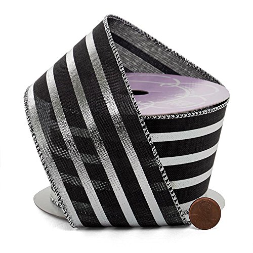 2 1/2" X 10 Yards Silver & Black Striped Metallic Wired Ribbon