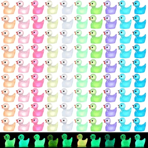 EKisemio 120pcs Luminous Mini Ducks, 10 Colors Tiny Ducks to Hide Resin Ducks Glow in The Dark for Miniature Fairy Garden Accessories Micro Landscape Aquarium Ornaments Kit Dollhouse Decor Crafts