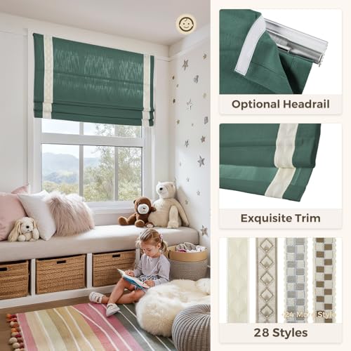 Image of TWOPAGES Isabella No Drill Cordless Roman Shade Linen Textured Cotton Roman Blind for Windows, Custom Made Room Darkening Blackout Roman Window Shade, Hardware Included, Greenlake, 1 Piece