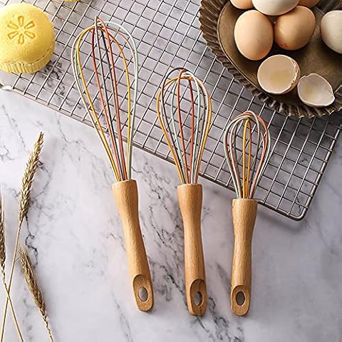 Silicone Whisk, Silicone Balloon Whisk Kitchen Whisk with Beech Handle for Blending, Whisking, Beating, Frothing & Stirring-Set of 3 Cover