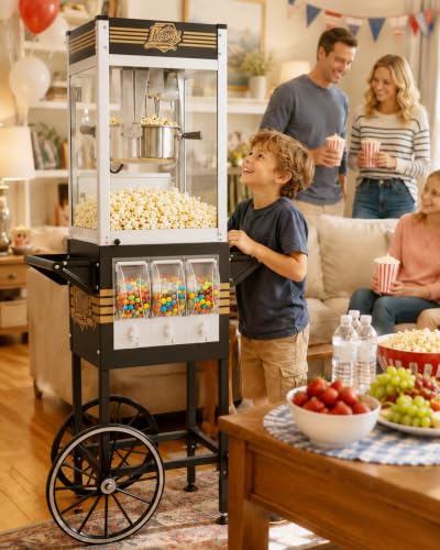 Image of 12 Oz Popcorn Machine with Candy Dispenser for Home Party Office | Black, Stainless-Steel, Vintage Commercial Popcorn Maker with Storage Cabinet, Movie Theater Style, Makes Up to 32 Cups