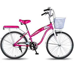 Vaux Angel 24T Women Bicycle for Age Group 10+ Years with Heavyduty Basket & Cushion Backseat, Light Weight Ladies Cycle with Alloy Rims, Ralson Tyres & V-Brakes, Ideal for Height 4ft+ (Pink)