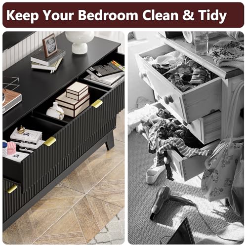 Image of Black Dresser 9 Drawer Dresser for Bedroom, 57''Wide Fluted Wooden Dresser Storage Cabinet and Chest of Drawers with Metal Handle, Storage Organizer for Living Room, Hallway, Entryway