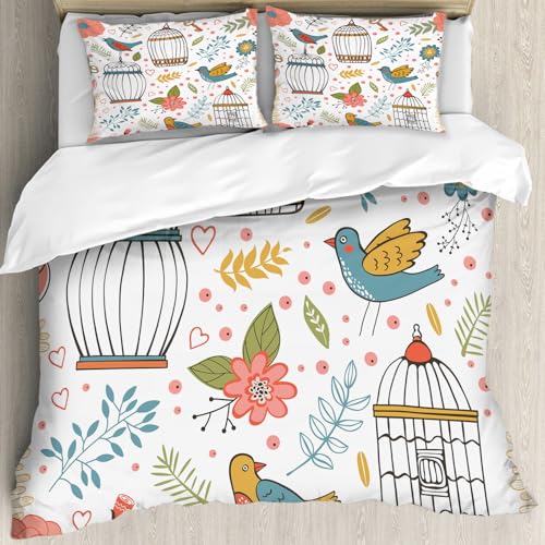 Parure de lit microfibre anti-plis 228x264cm motif oiseaux et fleurs