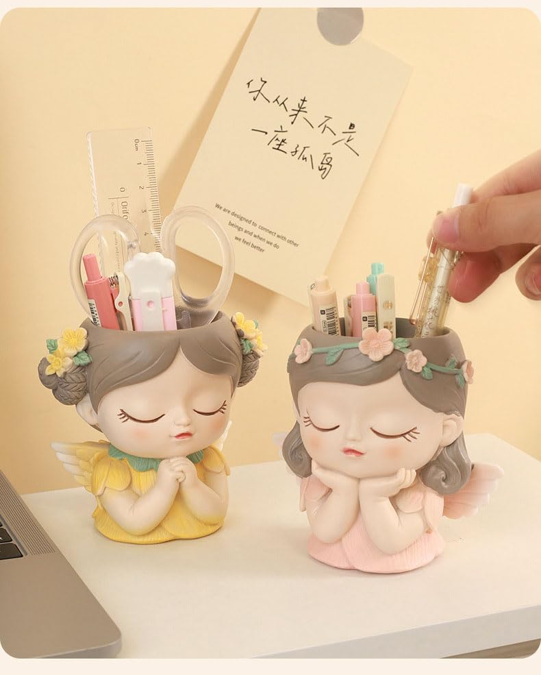 Hosoncovy Cartoon Elf Girl Pencil Holder Pencil Pot Makeup Brush Holder Pot Desktop Pen Organizer (A) - Image 4